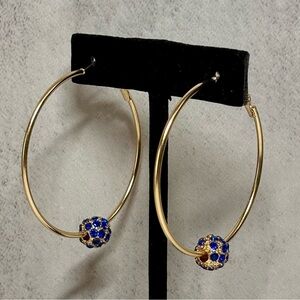 NWT Gold Blue Rhinestone Hoop Earrings | Crystal Ball Hoops | Statement Jewelry